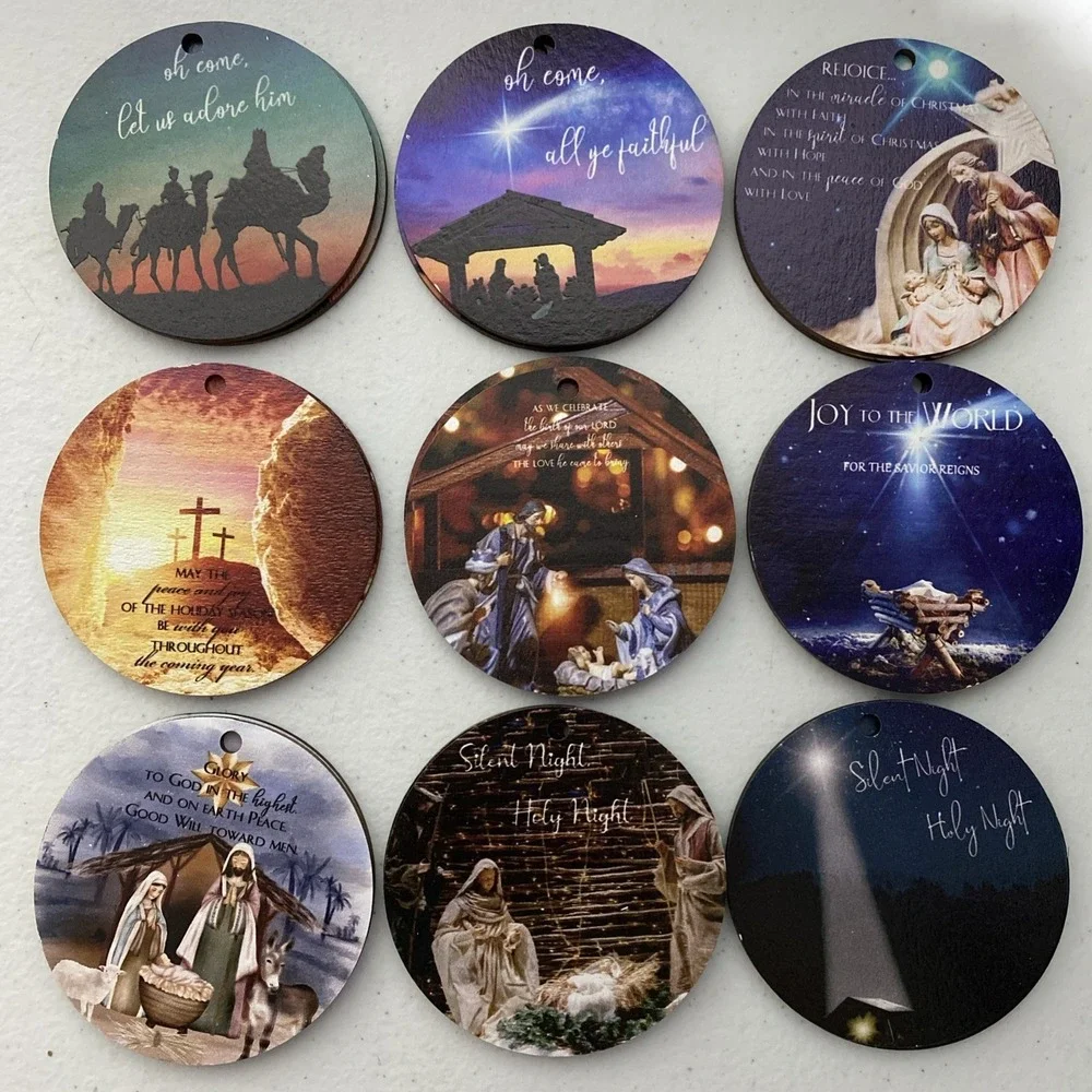 Lot Of 18 Round Wooden Christmas Ornaments Holiday Nativity Spiritual Jesus 3